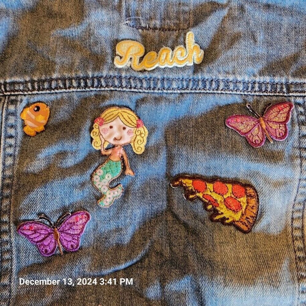 Oshkosh Bgosh Girls Denim Jean Jacket Appliques Snap Up Flap Pockets Blue Sz 10 - Picture 7 of 8
